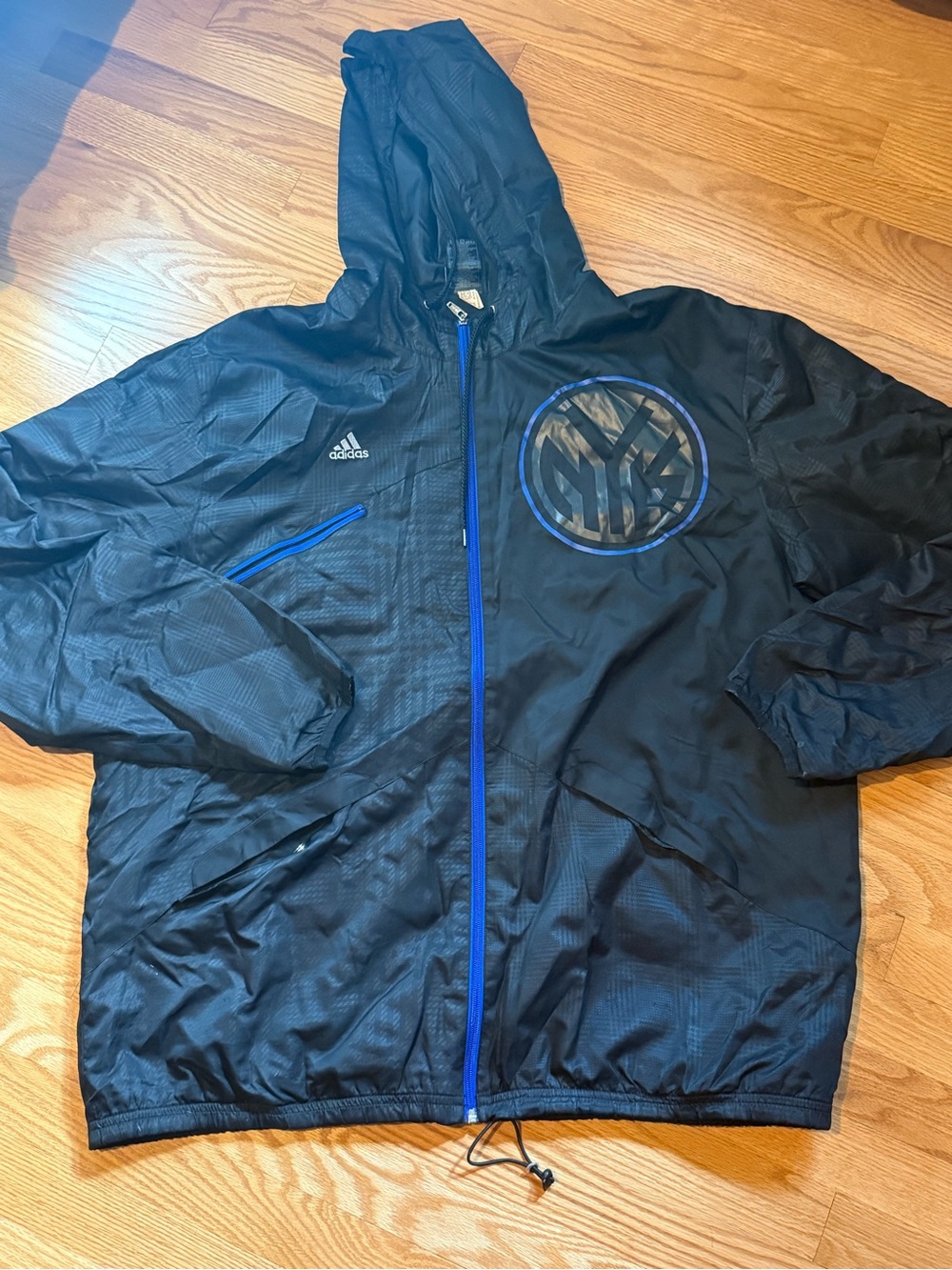 adidas Black New York Knicks Windbreaker Jacket with Blue Trim and NY Crest
